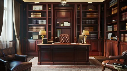 Naklejka premium A home office with a large wooden desk, leather chairs, and bookshelves filled with books.