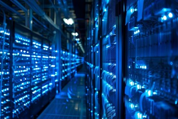 Blue light in the server room. Rows of server racks with bright blue lights in a data center.