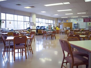 Cafeteria interior with tables and chairs