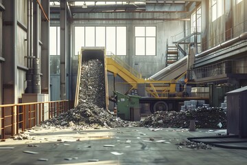 The factory conveyor belt moves the scrap metal to be recycled.
