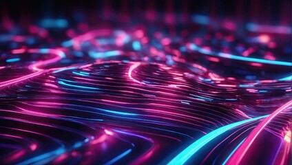 Abstract 3d render of building with colorful lights, glowing lines, neon lights, pink blue vibrant colors