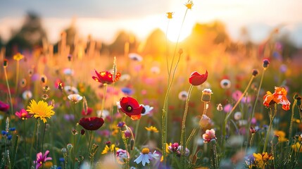 The image shows a field of flowers in full bloom