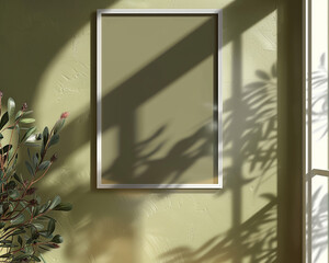 Simple and modern photo frame mockup on an olive green wall natural light setting
