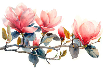 A magnolia branch with flowers, made in watercolor. Spring flowering with green buds on the tree. An element of the blooming magnolia tree. Pink.
