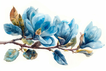 A magnolia branch with flowers, made in watercolor. Spring flowering with green buds on the tree. An element of the blooming magnolia tree. Blue