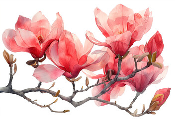 A magnolia branch with flowers, made in watercolor. Spring flowering with green buds on the tree. An element of the blooming magnolia tree. Pink.