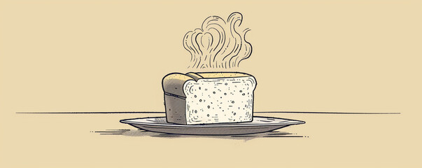 A minimalist line art illustration of a loaf of bread being sliced, with steam rising from it. Include copyspace for text on the right.