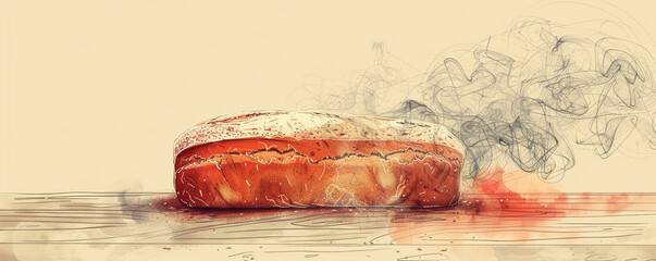 A minimalist line art illustration of a loaf of bread being sliced, with steam rising from it. Include copyspace for text on the right.