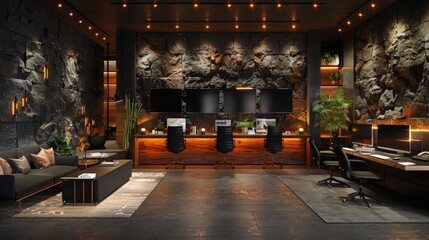 modern and dark office space with black sofas, large computer monitors on the wall, textured walls, ceiling lights, multiple people working at their desks, dark stone walls, modern furniture, black me