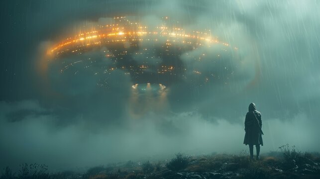 The scene shows a person standing in a field, looking at a UFO hovering in the sky