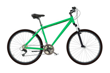 Green bicycle, side view. Black leather saddle and handles. Png clipart isolated on transparent background
