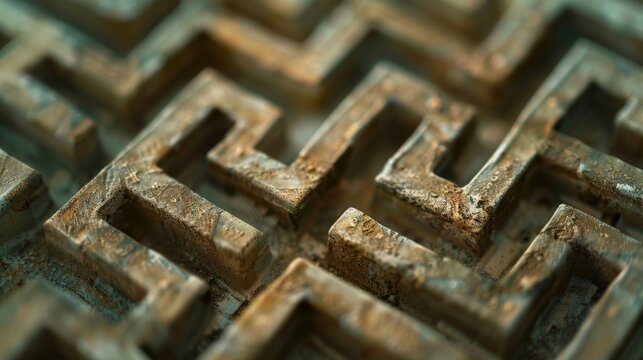 The image is a close-up of a bronze maze. The maze is made of interlocking squares and has a rustic appearance.