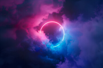 3d render, colorful neon ring glowing inside the stormy cloud on the dark sky, abstract background