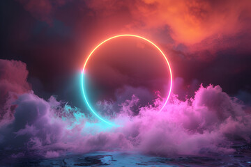 3d render, colorful neon ring glowing inside the stormy cloud on the dark sky, abstract background - Powered by Adobe