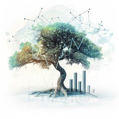Trees, graphs, stocks, statistics all together show investment growth.