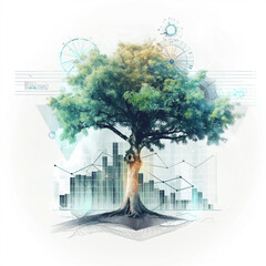 Trees, graphs, stocks, statistics all together show investment growth.