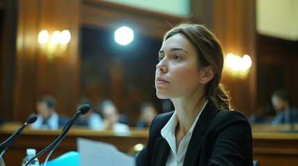 Focused female lawyer listening in courtroom during a trial.