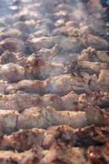 Close-up of barbecued pork cooked over coals. There are many pieces of meat, and smoke can be seen...