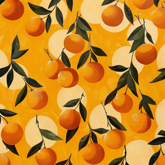 seamless pattern with oranges and orange leaves on yellow background