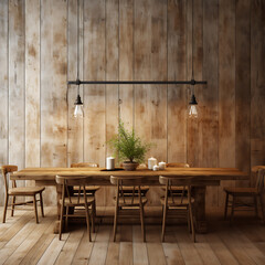 Interior of modern dining room with wooden wall and wooden floor. 3d rendering

