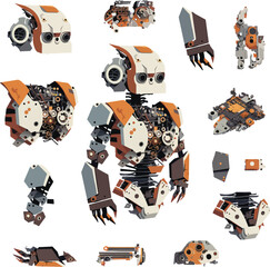 Disassembled robot mech style concept illustration. Indie game design vector graphics.