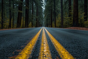 Tranquil and mysterious misty forest road perspective with vanishing point and empty asphalt path through serene woodland landscape