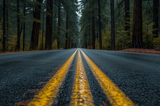 Tranquil and mysterious misty forest road perspective with vanishing point and empty asphalt path through serene woodland landscape