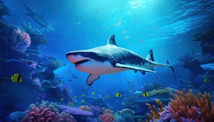 Fototapeta premium The great White Shark in the ocean, portrait of White shark hunting prey in the underwater