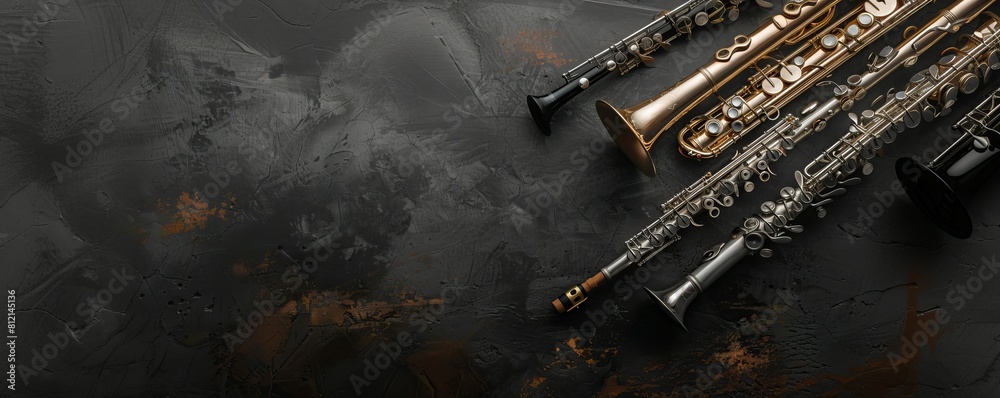 Poster Woodwind Instruments Displayed on a Dark Background include clarinet, oboe, flute