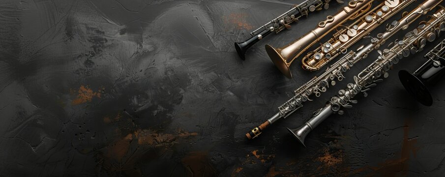 Woodwind Instruments Displayed on a Dark Background include clarinet, oboe, flute