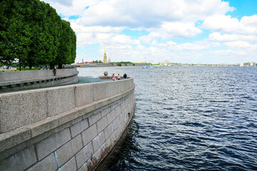 Rivers and canals of St. Petersburg, view from the river to the buildings of the city, the...