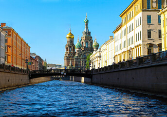Rivers and canals of St. Petersburg, view from the river to the buildings of the city, the...