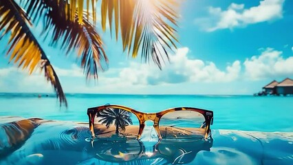 Sunny tropical beach with turquoise water, summer holidays vacation background, seashells in sand, palm tree on the beach