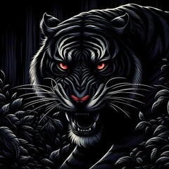 A striking illustration of a black tiger with red stripes in a menacing and aggressive pose.