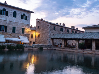 Sunrise at Bagno Vignoni, a village nestled in the Val d'Orcia a few kilometres from Siena, where...