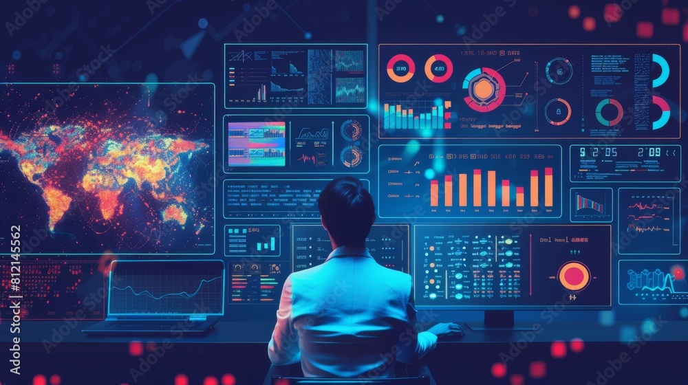 Leinwandbilder Data science and big data technology. Scientist computing, analysing and visualizing complex data set on computer. Data mining, artificial intelligence, machine learning, business analytics