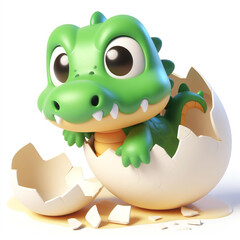 3D funny crocodile cartoon in broken eggshell, on white background