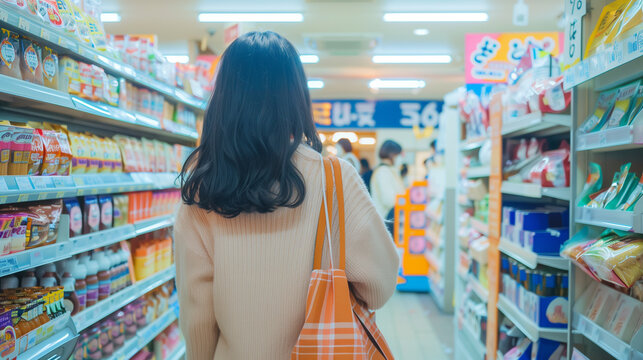 Young woman is browsing shelves in a store amidst a variety of goods