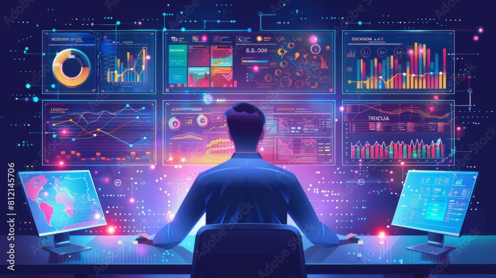 Leinwandbilder Data science and big data technology. Scientist computing, analysing and visualizing complex data set on computer. Data mining, artificial intelligence, machine learning, business analytics