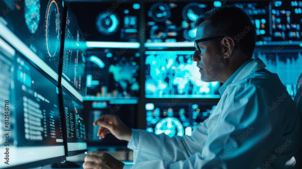 Leinwandbilder Data science and big data technology. Scientist computing, analysing and visualizing complex data set on computer. Data mining, artificial intelligence, machine learning, business analytics