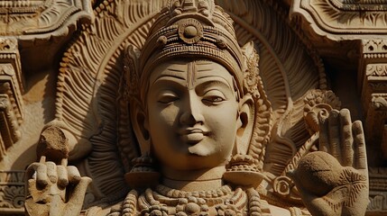 Obraz premium Sandstone relief of Brahma from a historic Indian temple, showcasing traditional architectural art