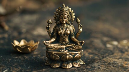 Sculpture of Lakshmi crafted in brass, detailed with fine craftsmanship, against a plain, contrasting background