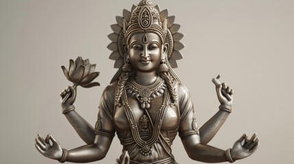 Sculpture of Lakshmi crafted in brass, detailed with fine craftsmanship, against a plain, contrasting background