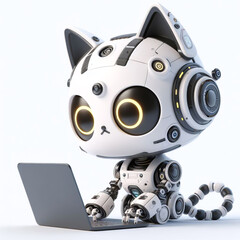 3D funny robotic cat cartoon on white background
