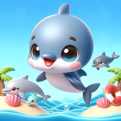 3D funny dolphin cartoon for children illustrations
