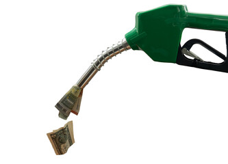 A green gas pump with a dollar bill falling out of it. Concept of money being wasted on gas. - Powered by Adobe