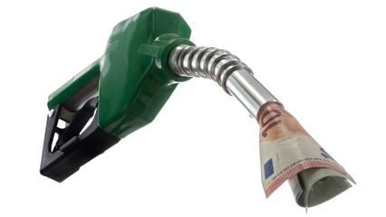 A green gas pump with a dollar bill falling out of it. Concept of money being wasted on gas.1