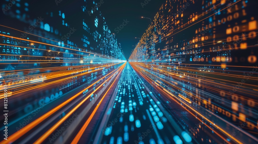 Leinwandbilder Digital data flow on road with motion blur to create vision of fast speed transfer . Concept of future digital transformation , disruptive innovation and agile
