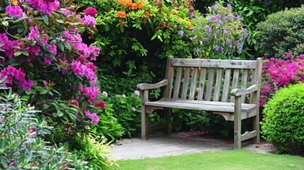 Obraz premium Quaint wooden bench nestled among vibrant flowering bushes in a lush garden, inviting tranquility