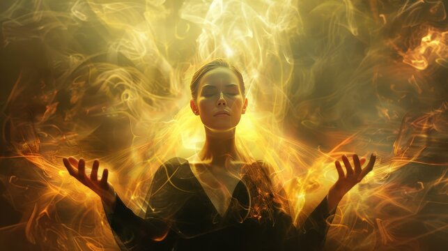 Portrait of a healer with hands extended, a visible shimmering aura depicted as flowing energy